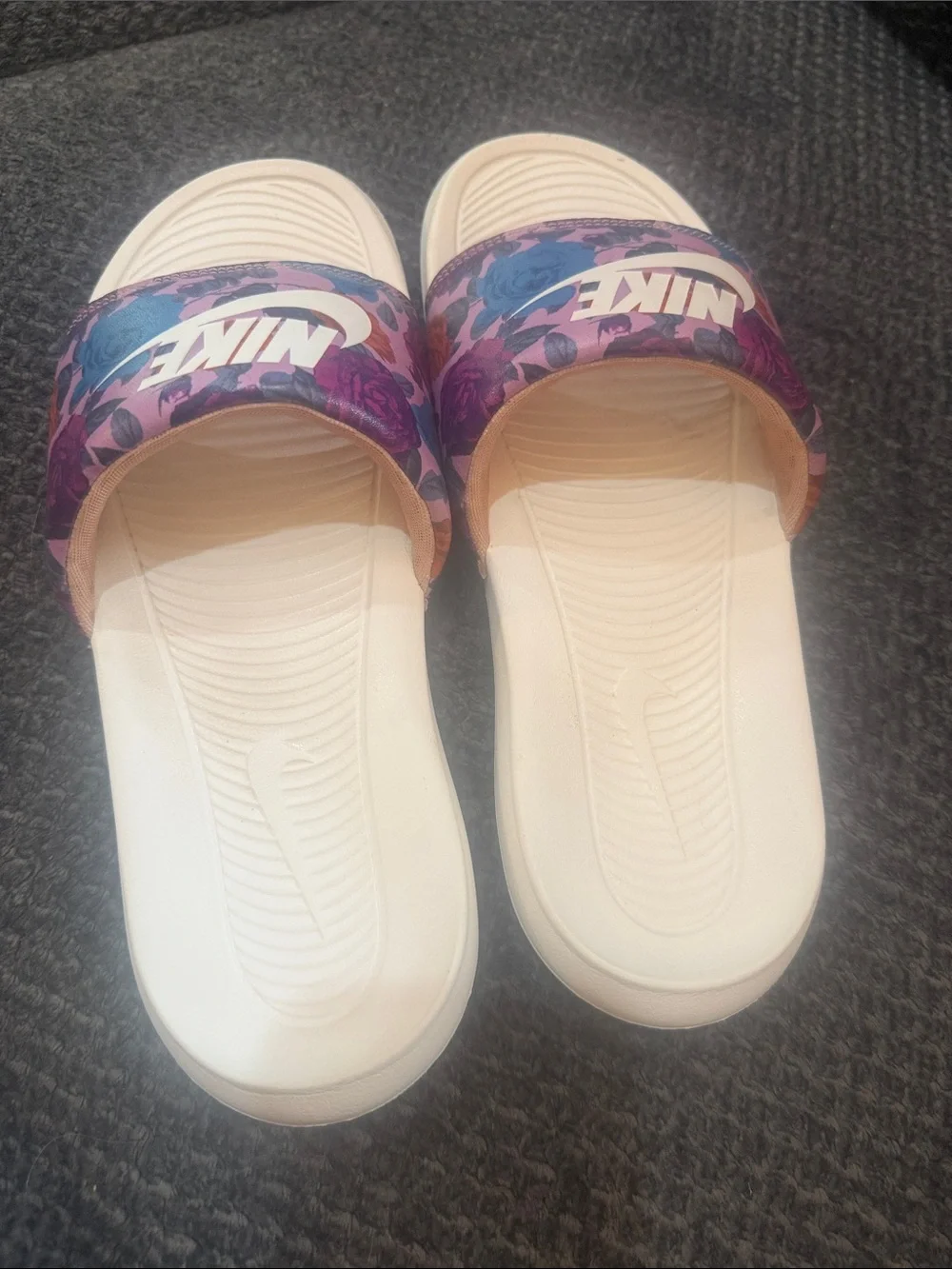 Nike Floral Strap Slide Sandals in White, Purple and Blue
